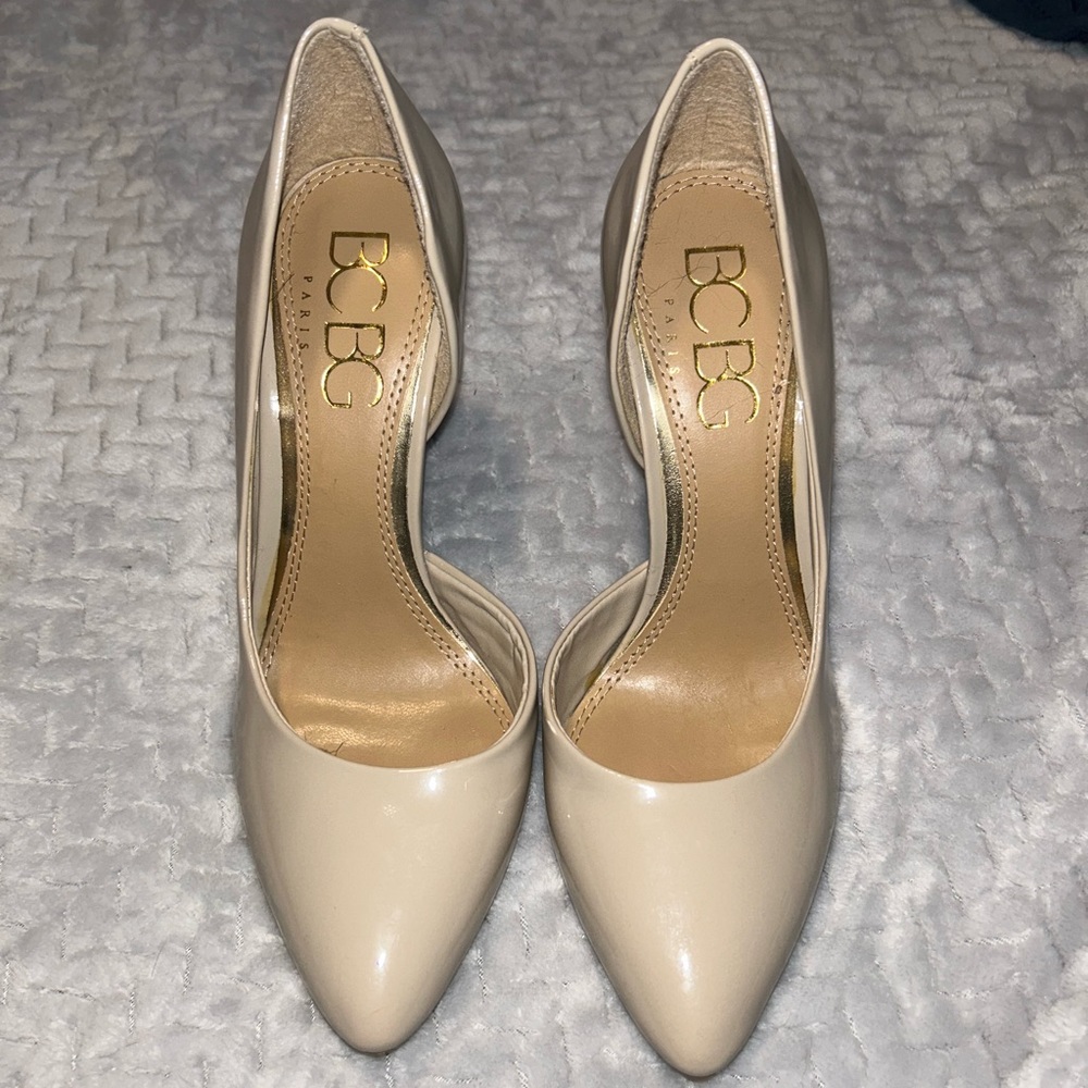 BCBG Paris Nude Patent Pointed-Toe Heels